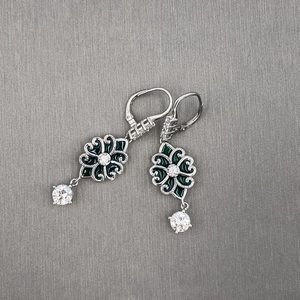 Crystal 925 silver earrings green enamel